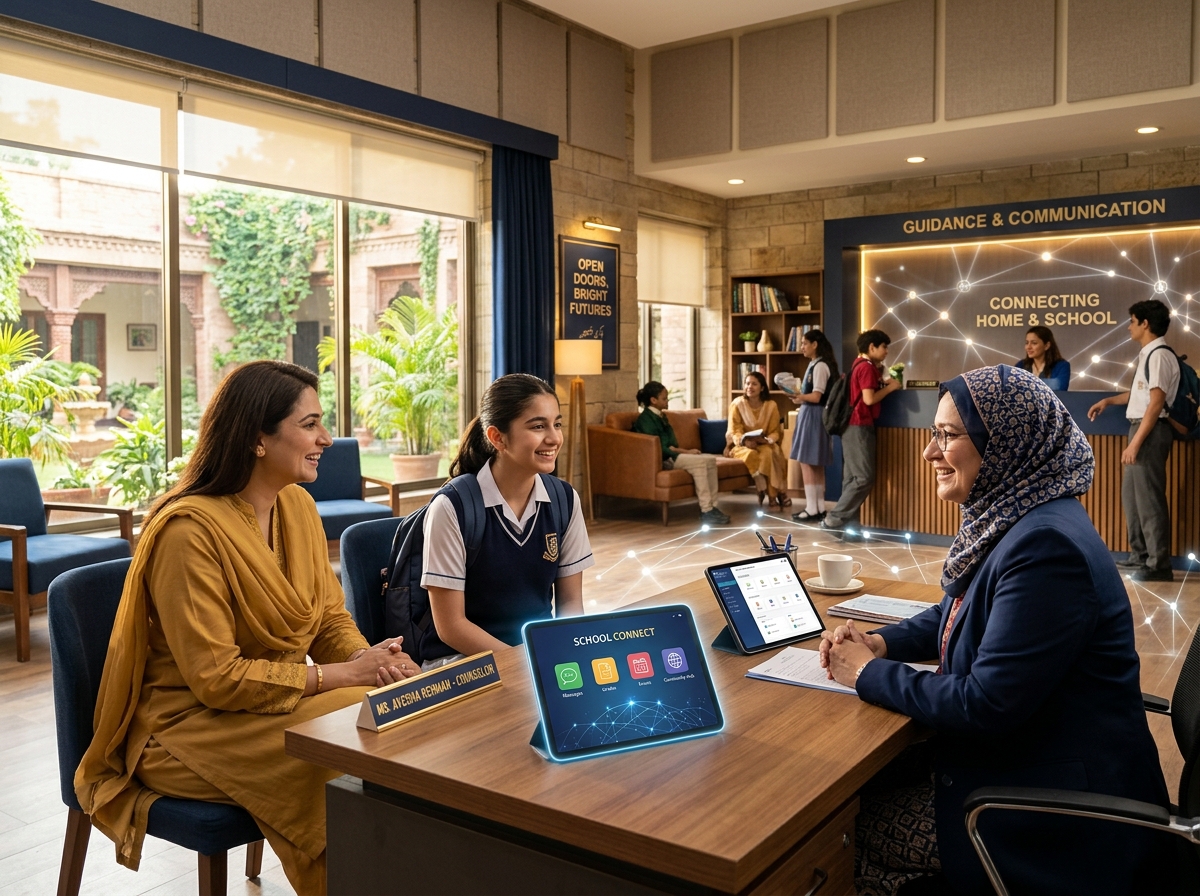 Parent and student in a warm consultation with school counselor in a modern, connected school guidance office