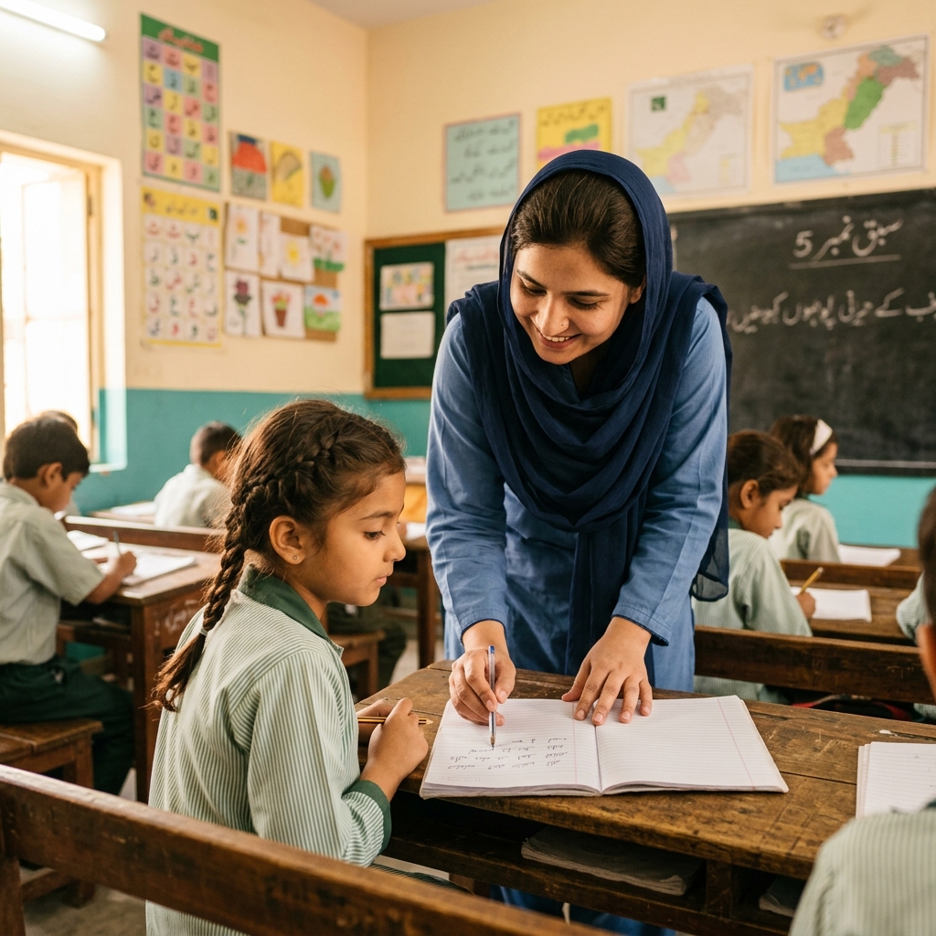 Teacher mentoring a school student in classroom