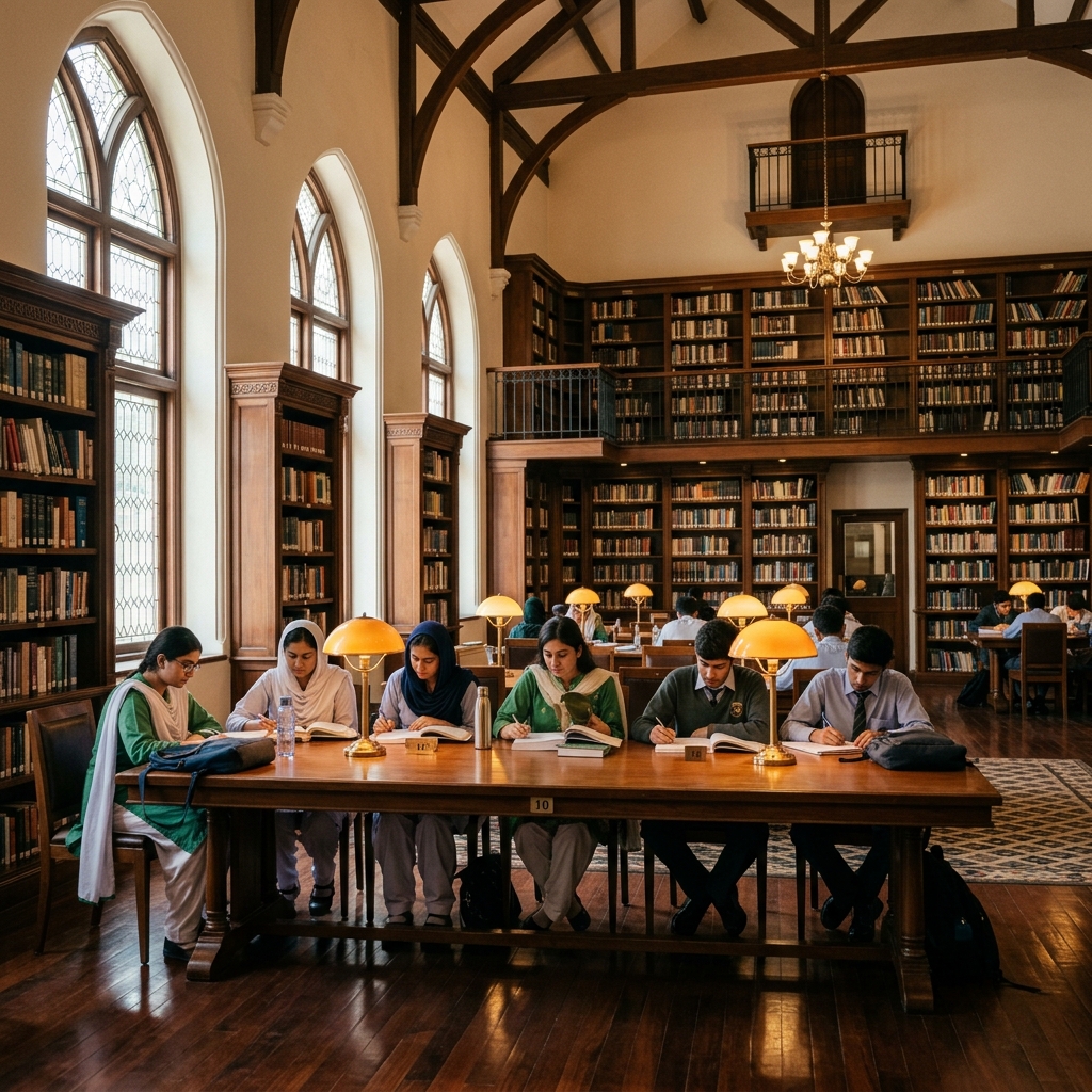 Students reading in the school library, representing the pursuit of knowledge